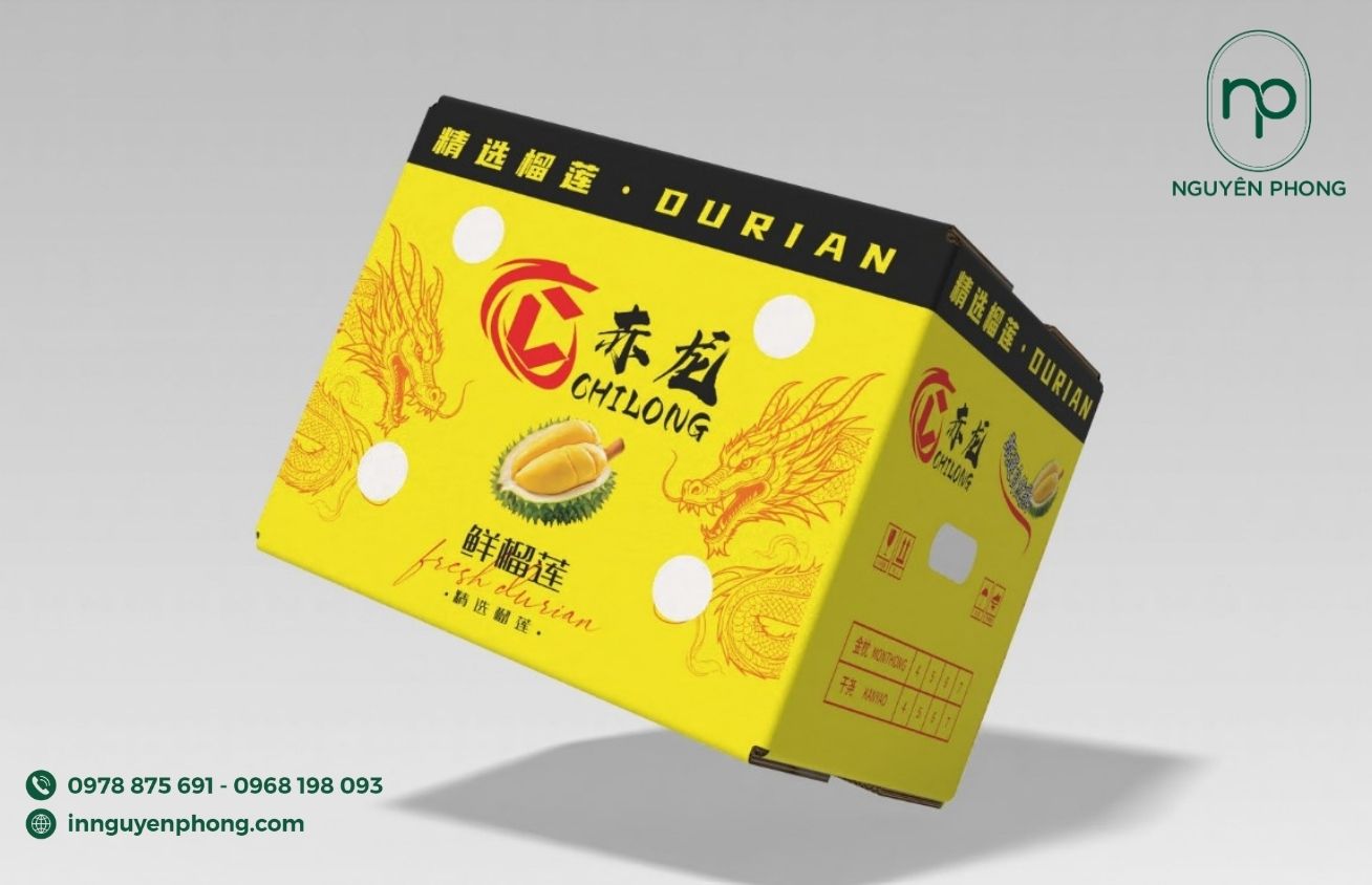 Thùng carton đựng sầu riêng thiết kế nổi bật